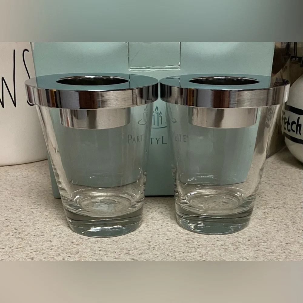 PartyLite Versatility Votive Candle Holder Set Silver Glass Pair NIB Home Decor